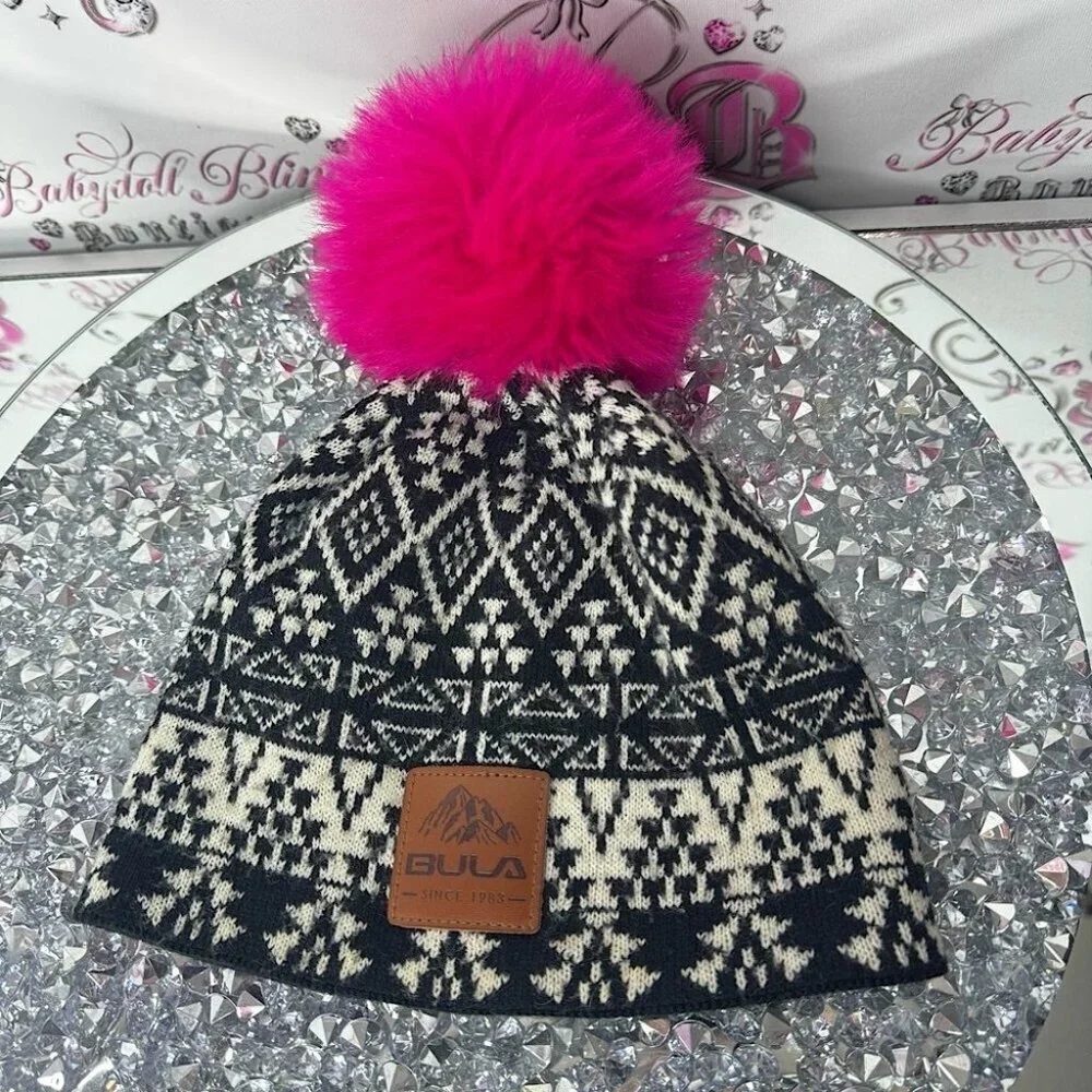 Hat toque winter warm cozy knit Black and White Knit Beanie with Pink Pom